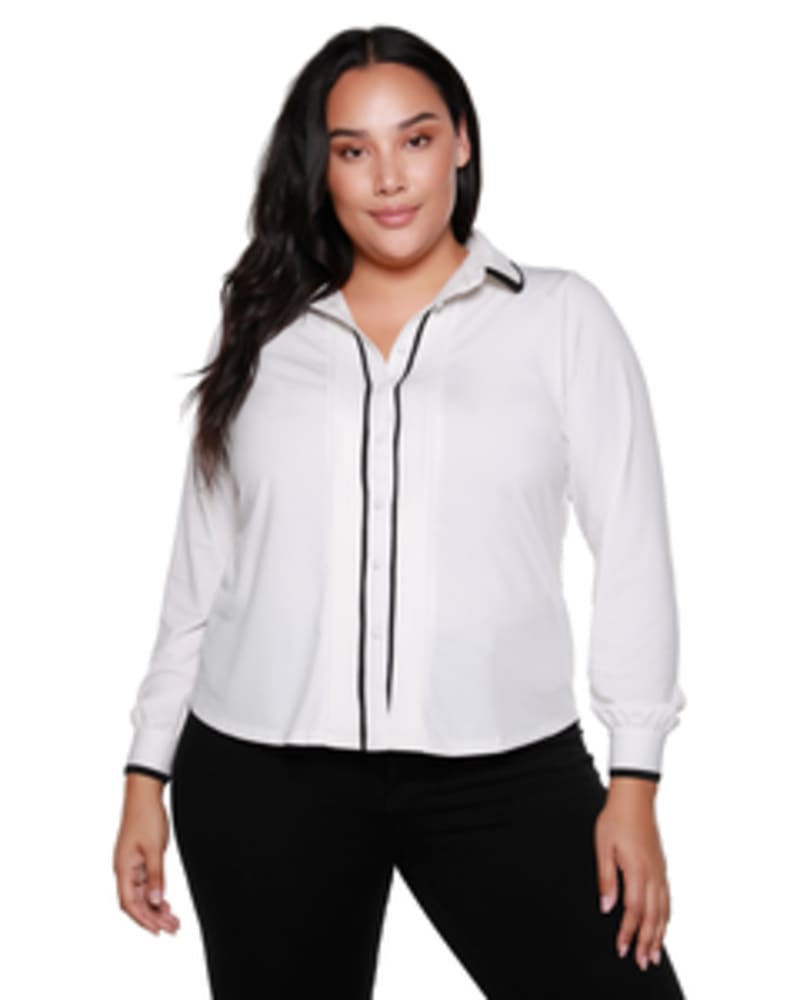 Front of a model wearing a size 1X Quinn Button Front Top in Winter White/Black by Belldini Black Label. | dia_product_style_image_id:246186